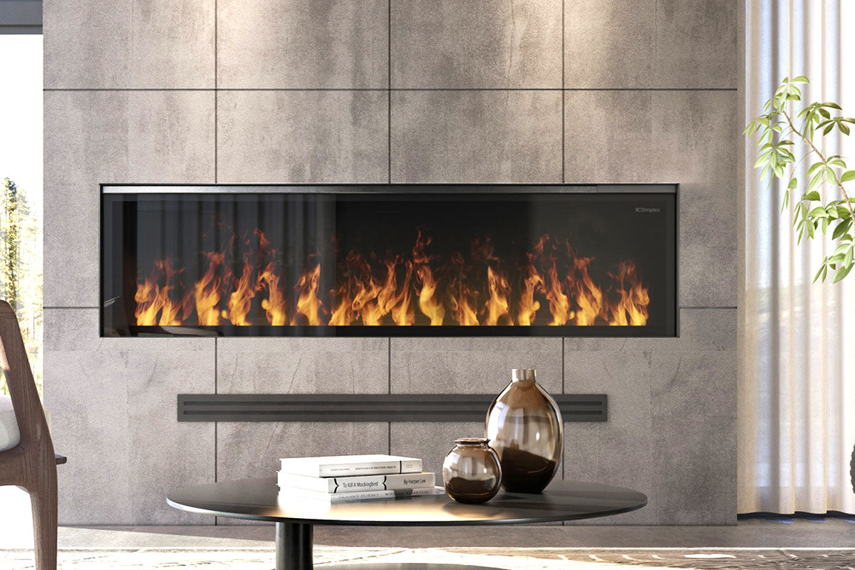 Dimplex Opti-Myst electric fireplace installed in a modern stone-wall living room