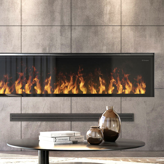 Dimplex Opti-Myst electric fireplace installed in a modern stone-wall living room