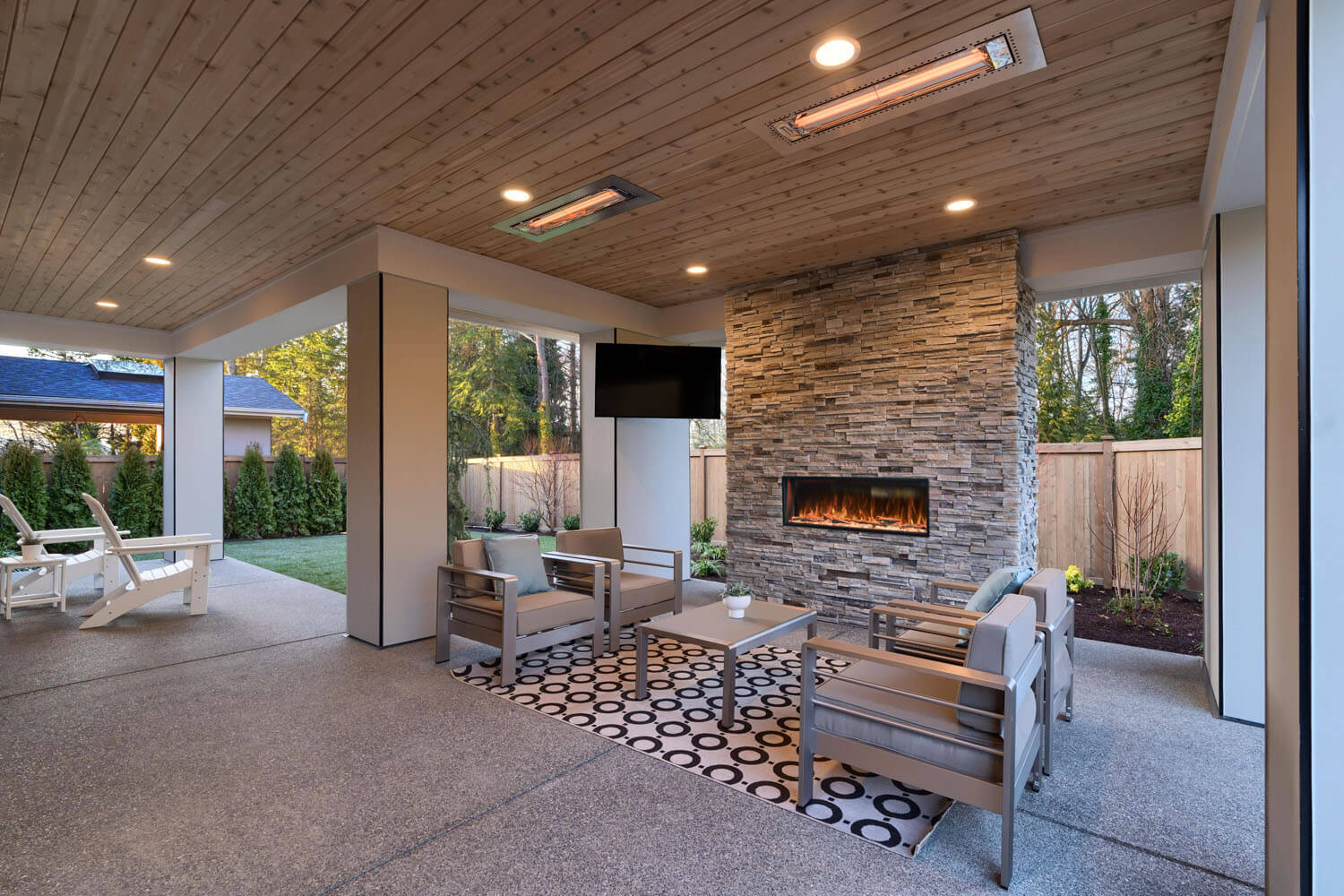 Covered patio installation modern flames fireplace