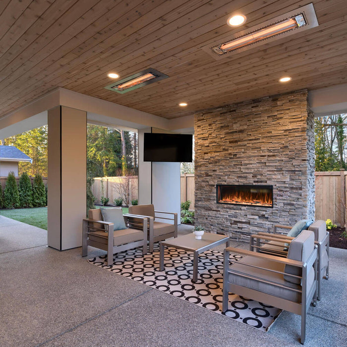 Covered patio installation modern flames fireplace