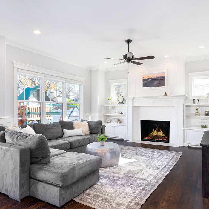 Electric fireplace running its flame effect in a white living room, used to illustrate general troubleshooting