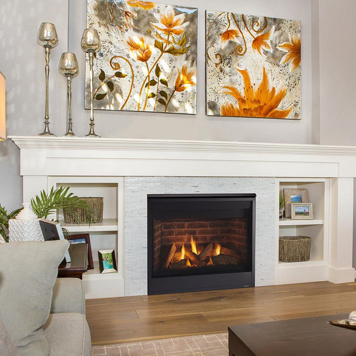 Gas fireplace burning with blue and yellow flame in a living room mantel