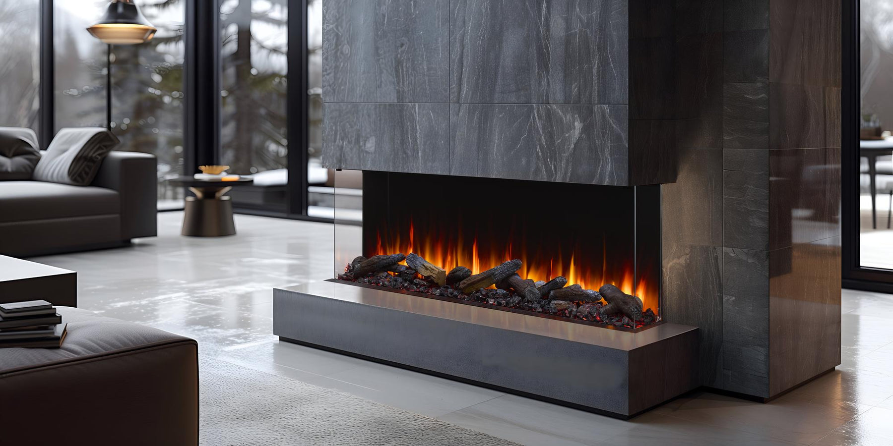 SimpliFire Triton 65-inch 3-sided electric fireplace installed in a modern living room