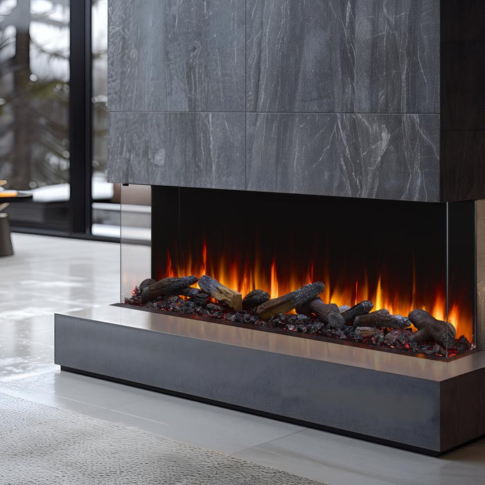 SimpliFire Triton 65-inch 3-sided electric fireplace installed in a modern living room