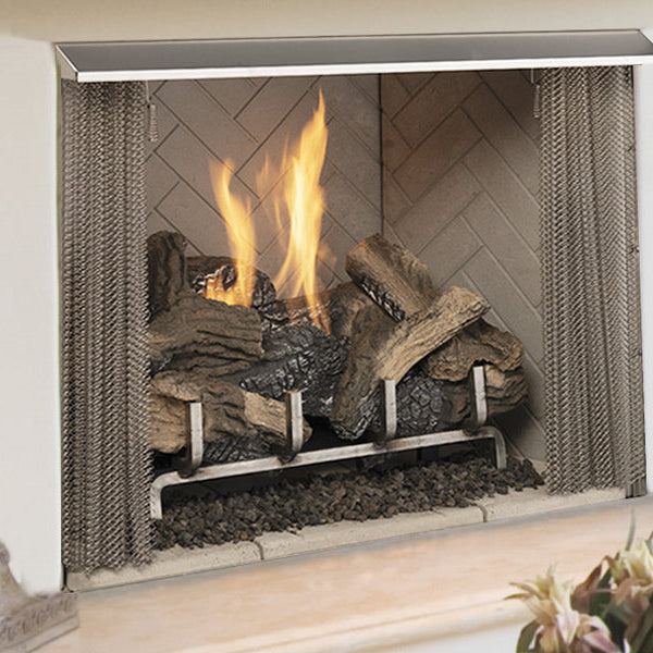 Superior VRE3200 vent-free outdoor gas fireplace installed in a covered outdoor living space with stone surround