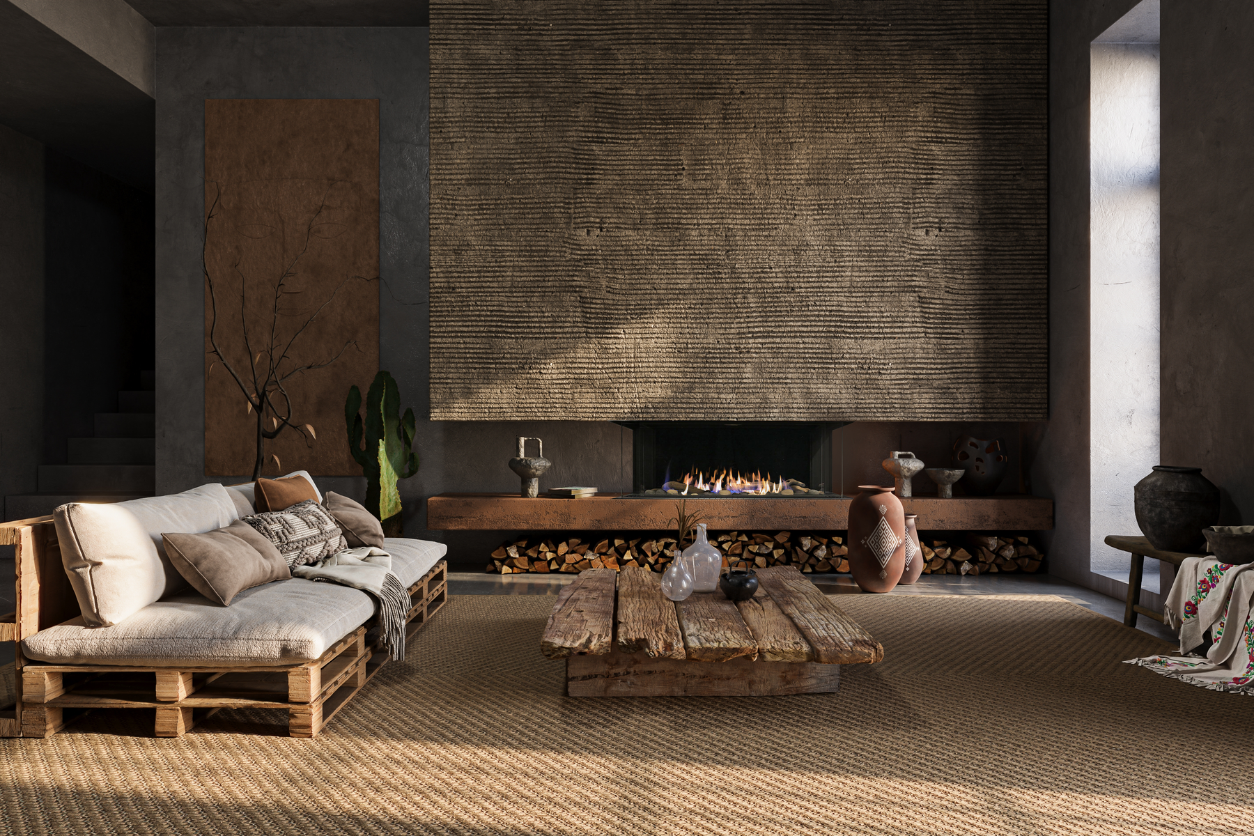 Sierra Flame Toscana 3-sided peninsula gas fireplace installed in living room clean gas fireplace glass