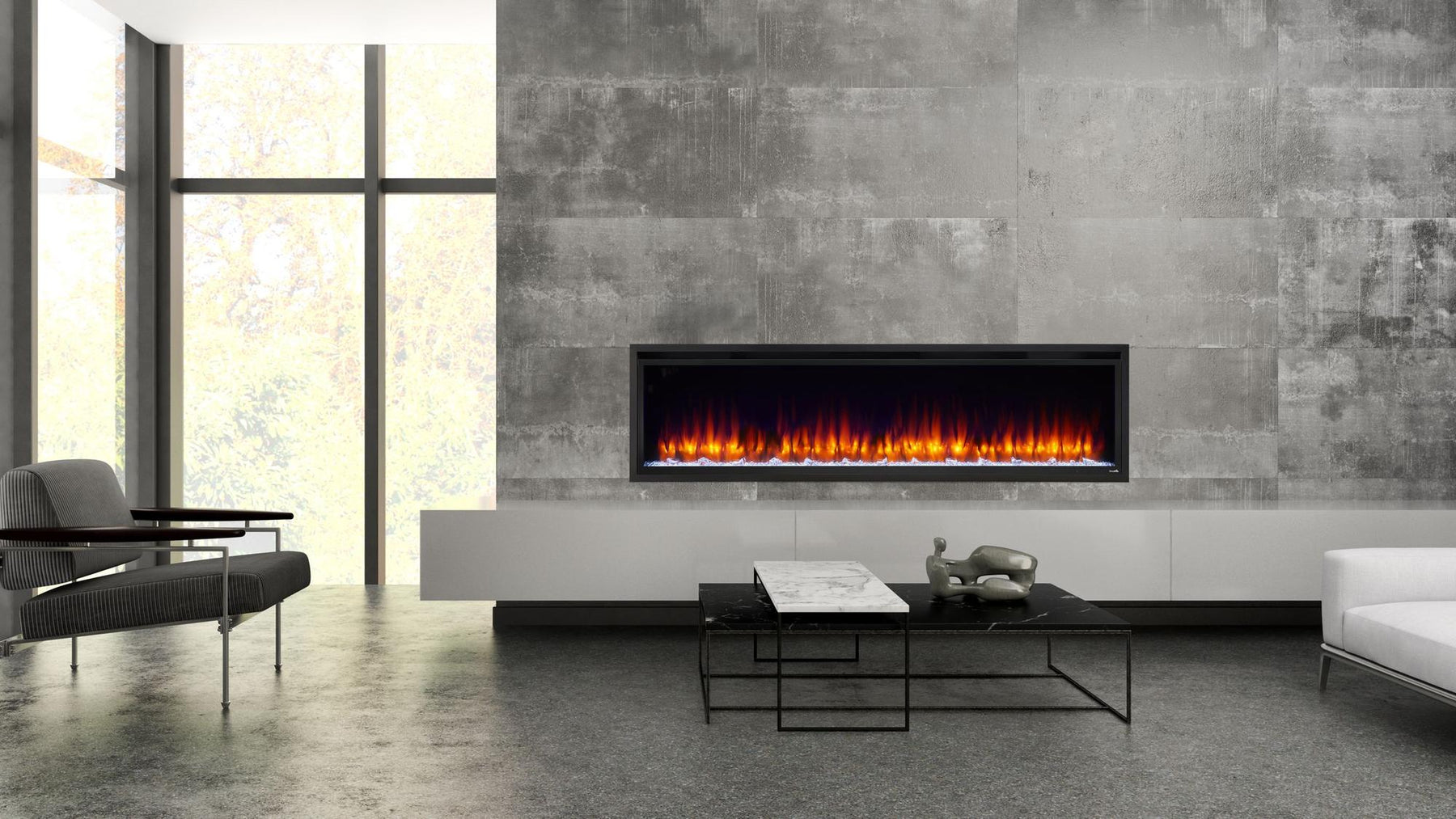 SimpliFire Allusion Platinum linear electric fireplace installed in a modern gray living room