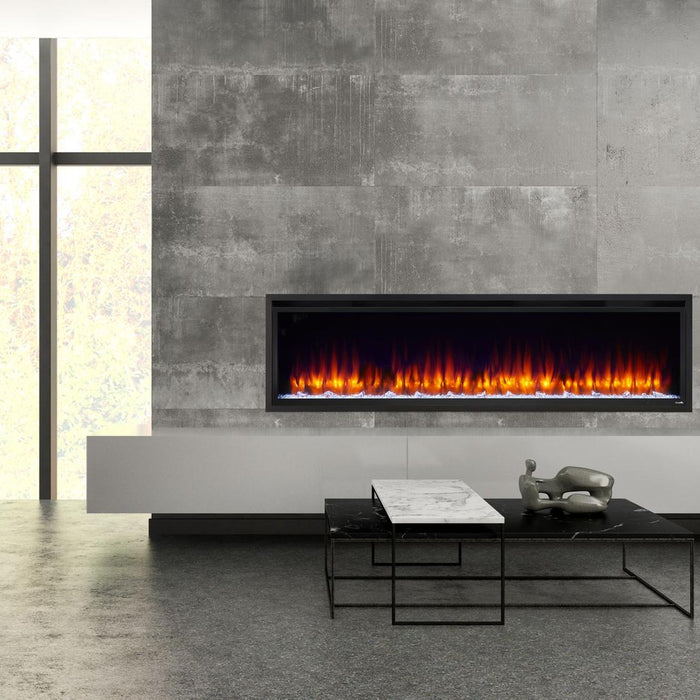 SimpliFire Allusion Platinum linear electric fireplace installed in a modern gray living room