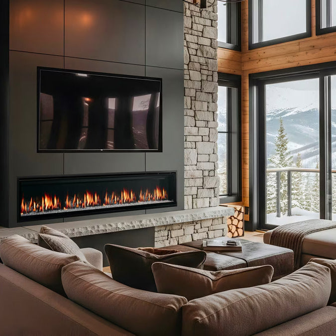 SimpliFire Allusion Edge electric fireplace installed in a mountain cabin living room with stone wall