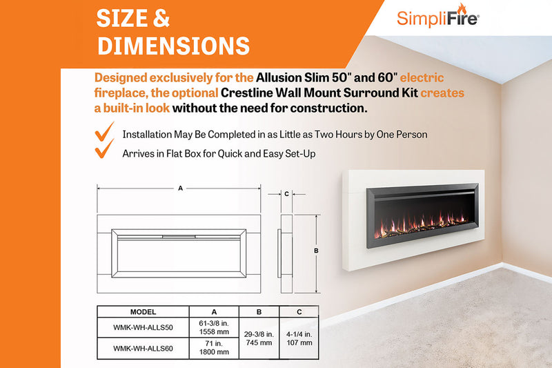 Simplifire Crestline Wall Mount Mantel Kit for Allusion Slim Fireplace (WMK-WH-ALLS50/60)