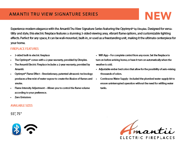 Amantii TRUVIEW Signature 55"/75" Hybrid Electric-Vapor Fireplace Featuring Optimyst Technology by Dimplex