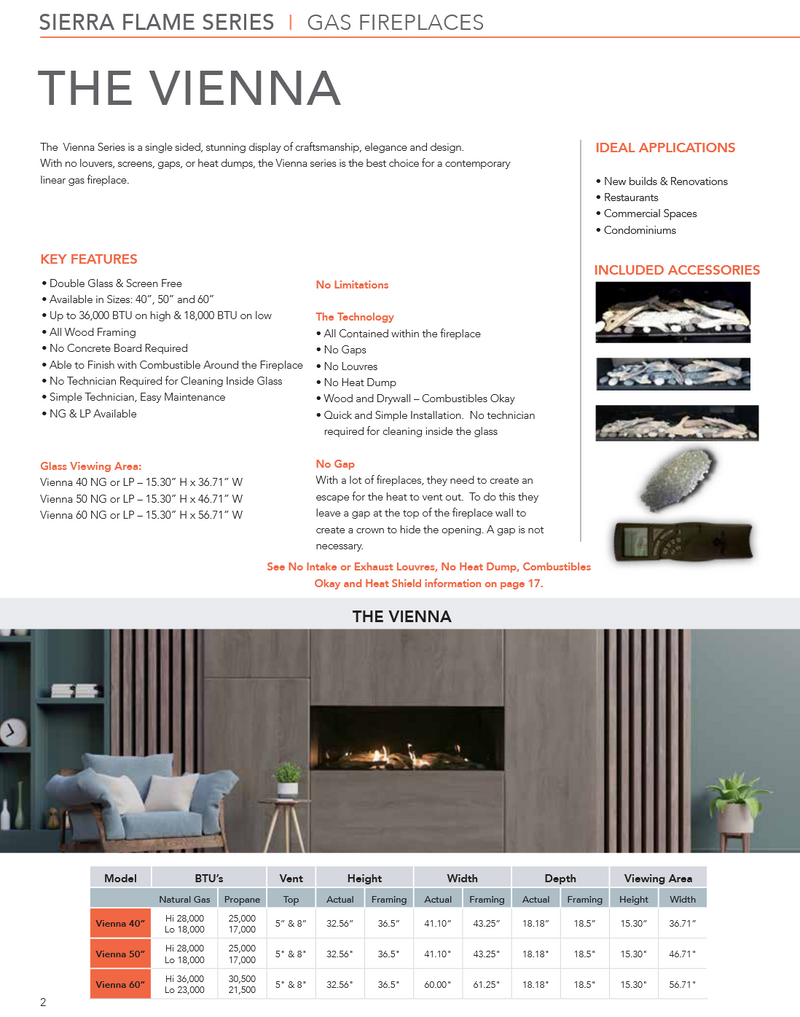 Sierra Flame Vienna 40", 50", 60" Direct Vent Linear Gas Fireplace