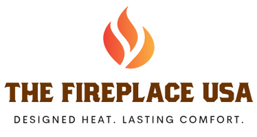 Logo of The Fireplace USA with flames and text on a white background