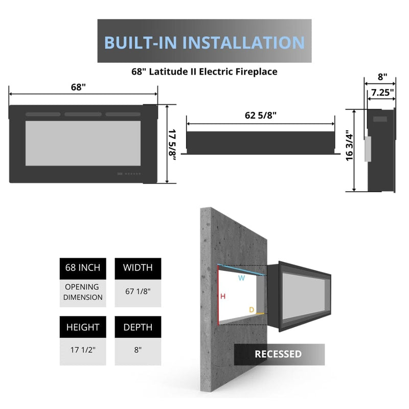 Litedeer Homes Latitude II Wall-mount Smart Electric Fireplace with 3-Inch Trim - Realistic Flame | 48" · 58" · 68" · 78"